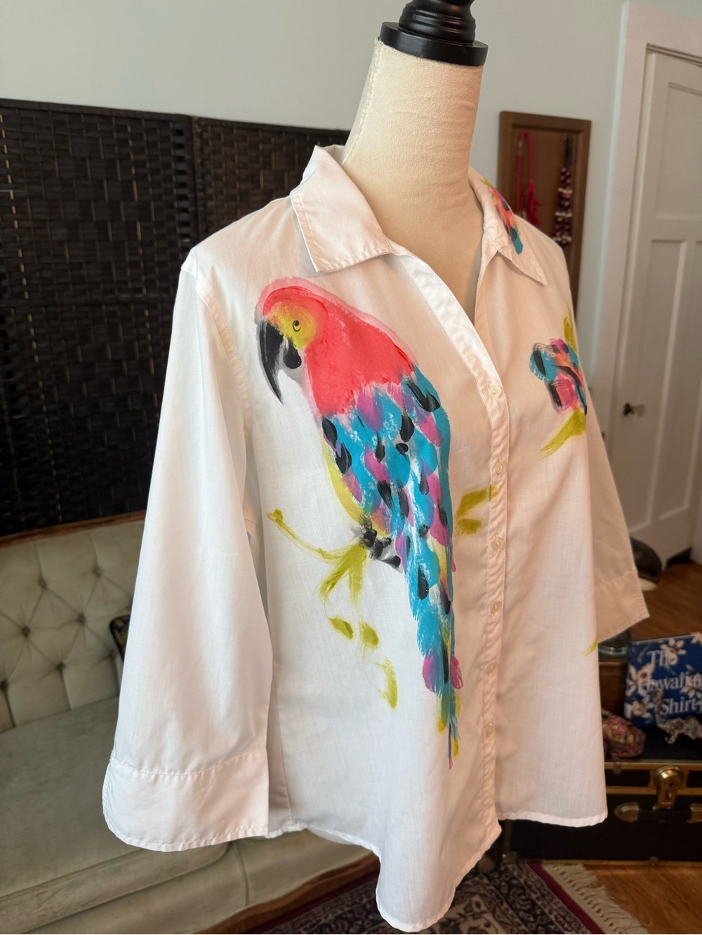 🦜🎨 Vintage J. Palmer Hand-Painted Tropical Parrot Button-Up Shirt Maui Hawaii M - Picture 2 of 13